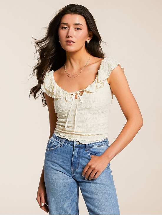 Free People Tops - Free People Love You More Top Sz S Ruched Ruffle Flutter Sleeve Cream Coquette